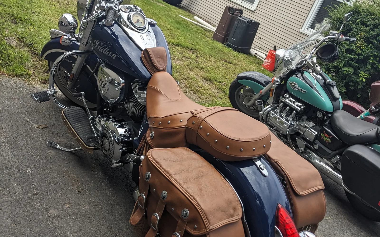 A vintage Indian motorcycle parked in Keene, New Hampshire, showing the classic motorcycle design and details